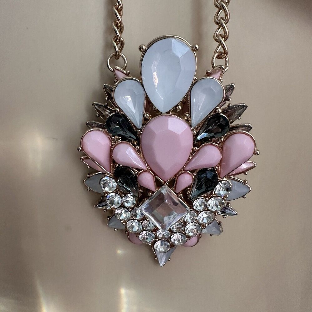 Statement Necklace 30 Inch Multicolor Pink Clear Crystal Rhinestones Gold Tone